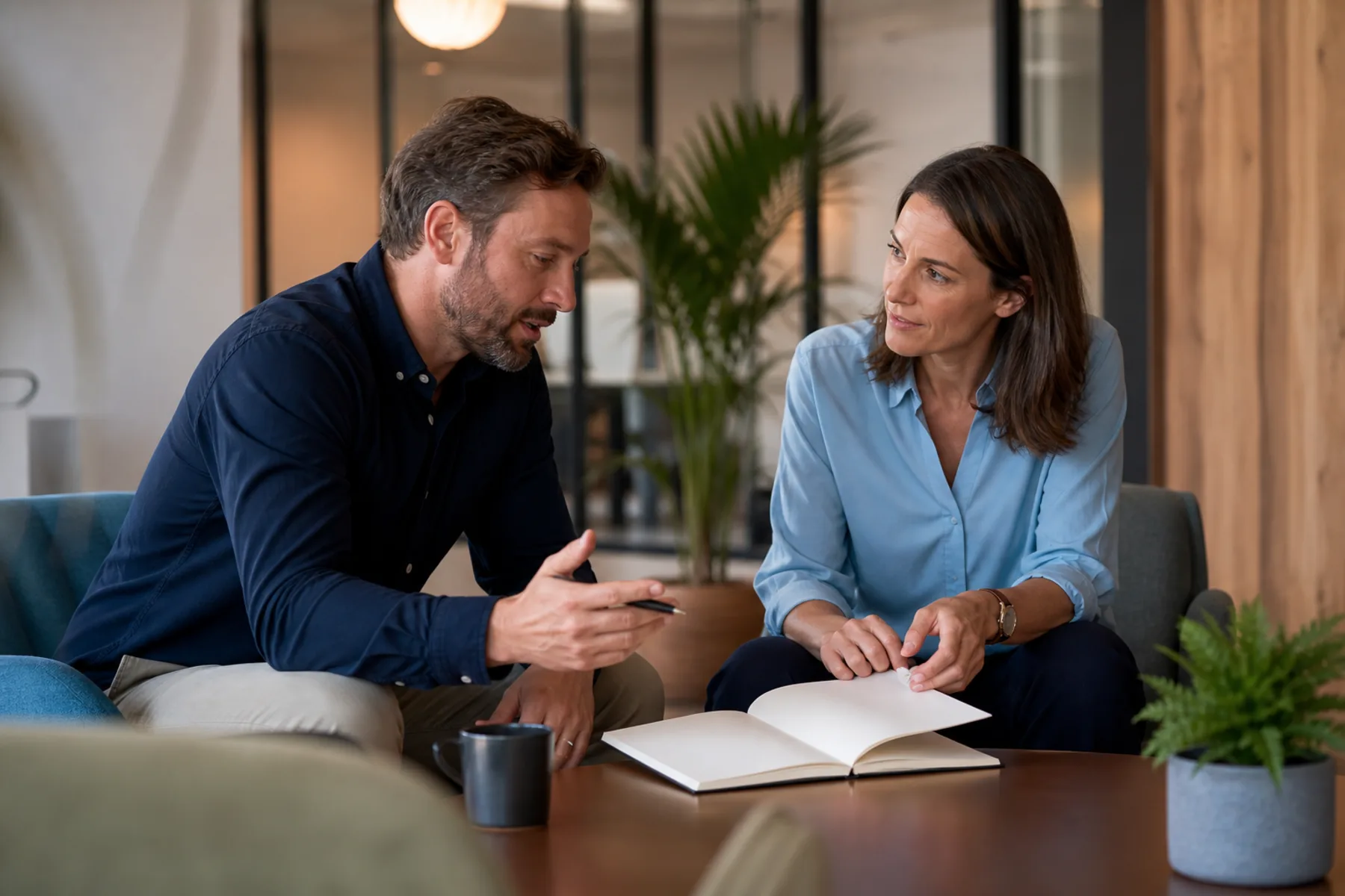 Two professionals having a focused workplace conversation